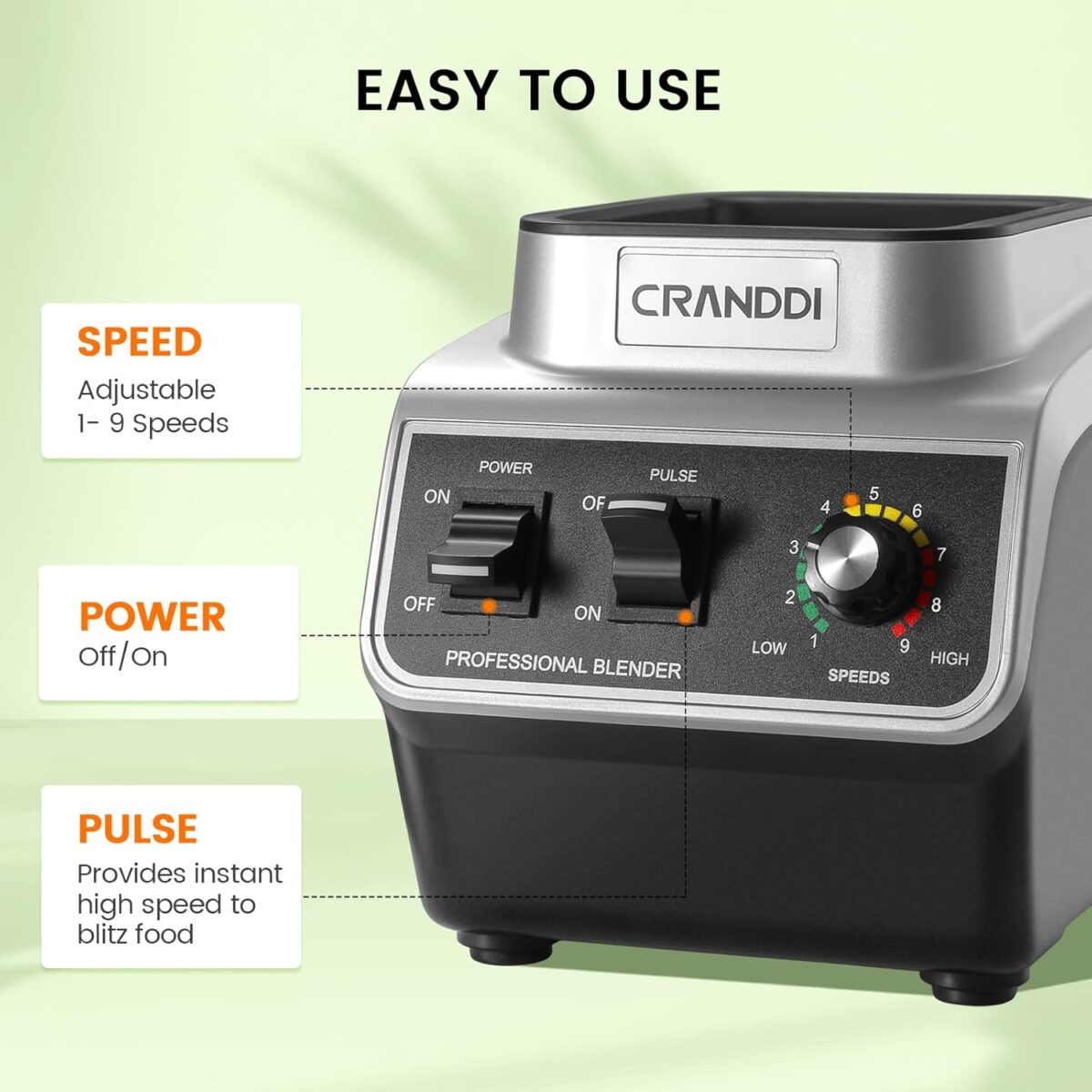 CRANDDI Professional Commercial Blender, Max 1500W, 80oz Pitcher, Powerful Blender with Tamper for Smoothie, Ice Crushing, Variable 9 Speeds Control,110V, K96, Black - Image 5