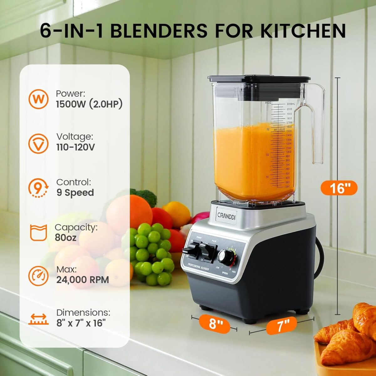 CRANDDI Professional Commercial Blender, Max 1500W, 80oz Pitcher, Powerful Blender with Tamper for Smoothie, Ice Crushing, Variable 9 Speeds Control,110V, K96, Black - Image 6