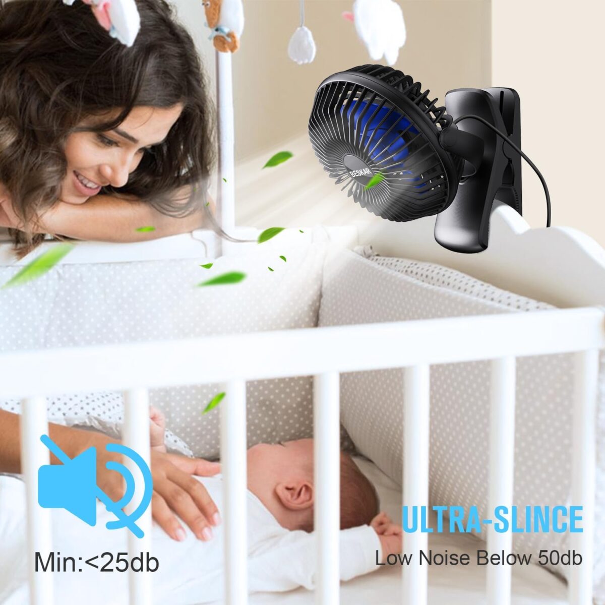BESKAR USB Clip on Fan, Portable Small Fan with Cord Powered, 3 Speeds Strong Airflow, with Sturdy Clamp, Quiet Personal Desk Fan - Image 4