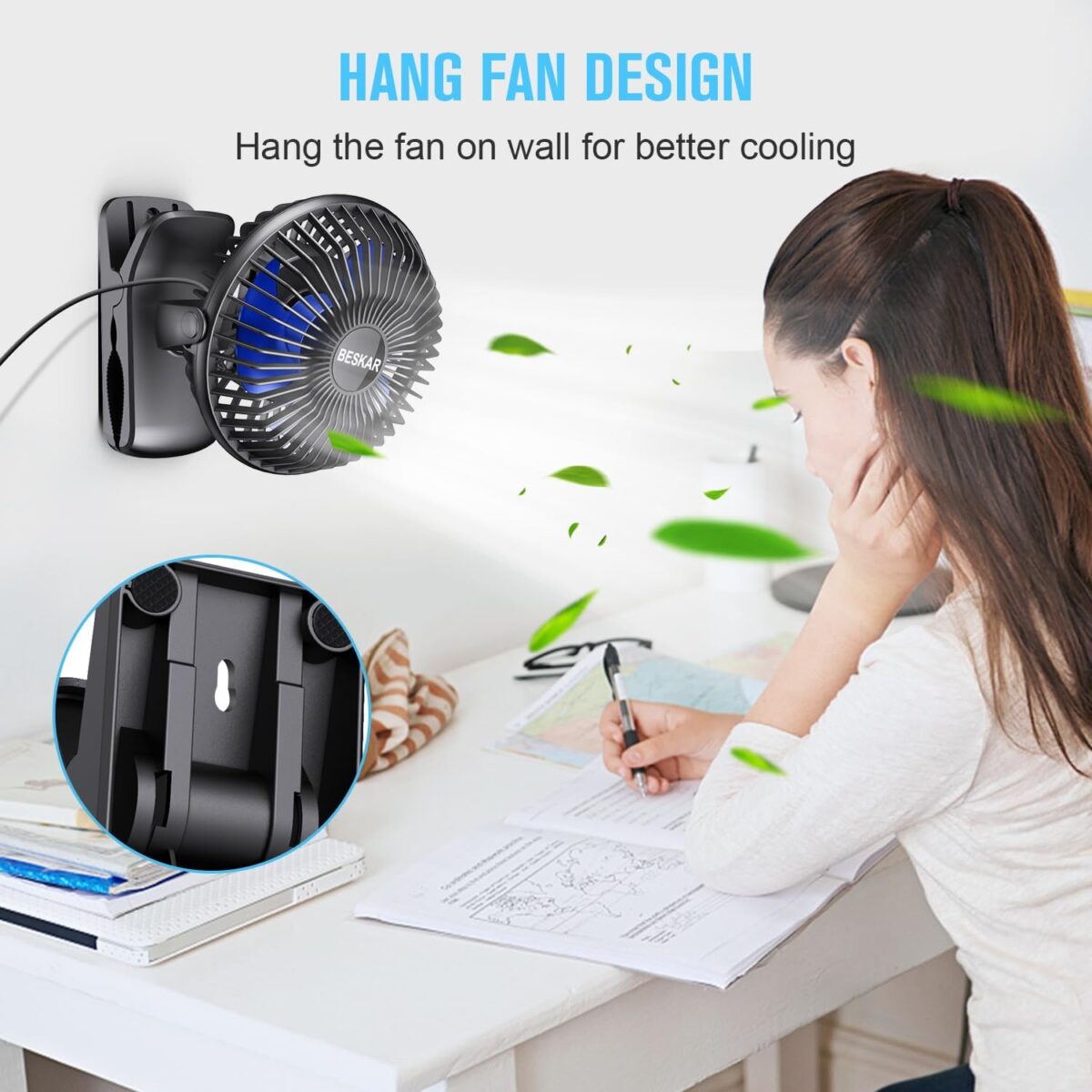 BESKAR USB Clip on Fan, Portable Small Fan with Cord Powered, 3 Speeds Strong Airflow, with Sturdy Clamp, Quiet Personal Desk Fan - Image 5