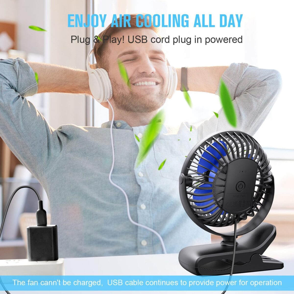 BESKAR USB Clip on Fan, Portable Small Fan with Cord Powered, 3 Speeds Strong Airflow, with Sturdy Clamp, Quiet Personal Desk Fan - Image 8