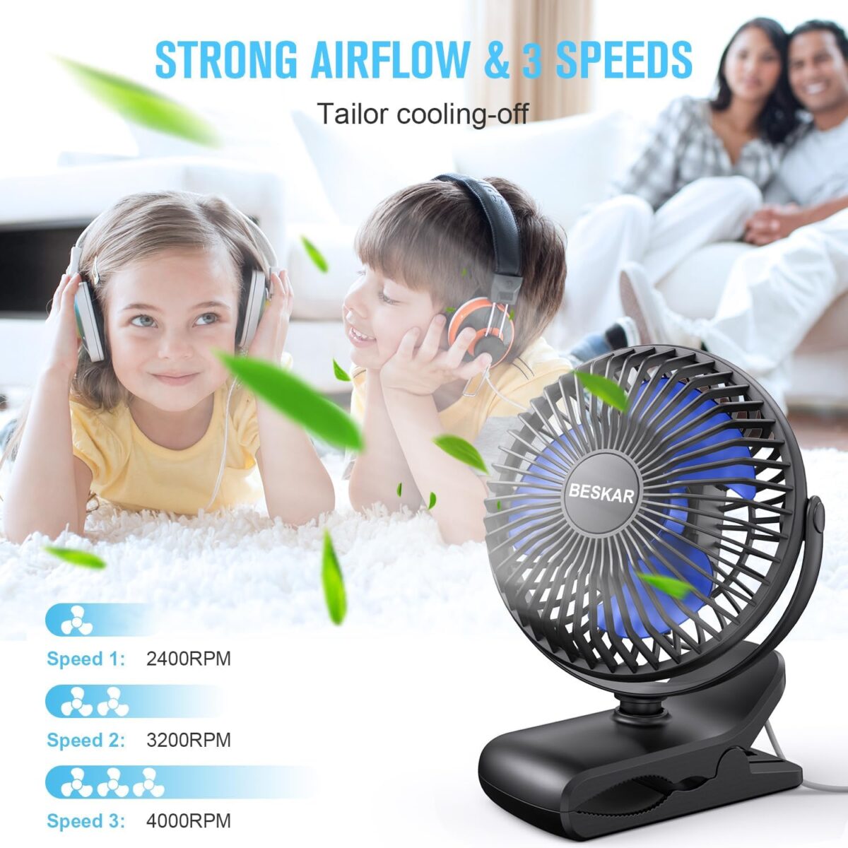 BESKAR USB Clip on Fan, Portable Small Fan with Cord Powered, 3 Speeds Strong Airflow, with Sturdy Clamp, Quiet Personal Desk Fan - Image 9