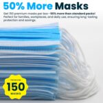 PURE GEM [Pack of 150] Single Use Disposable Blue Face Mask, Soft on Skin, 3-ply Masks Facial Cover with Elastic Earloops Great For Home, Office, School, and Outdoors - Image 6