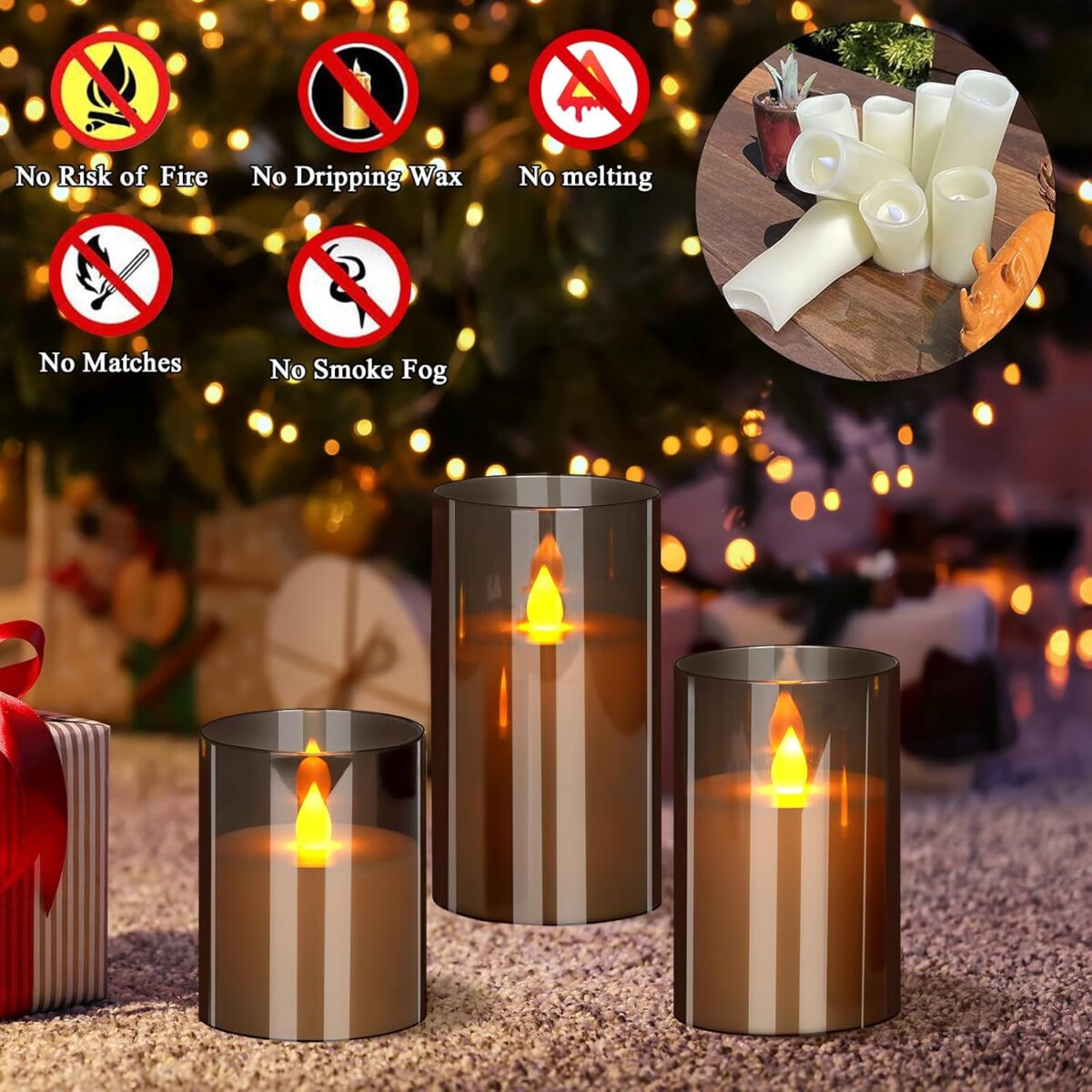 Flameless LED Candles with Remote Set of 3 Battery-Operated Acrylic Gray Pillars, 4", 5", 6" x 3" Diameter Flickering Effect with Timer Ideal for Home Décor Weddings Parties, Restaurants - Image 3