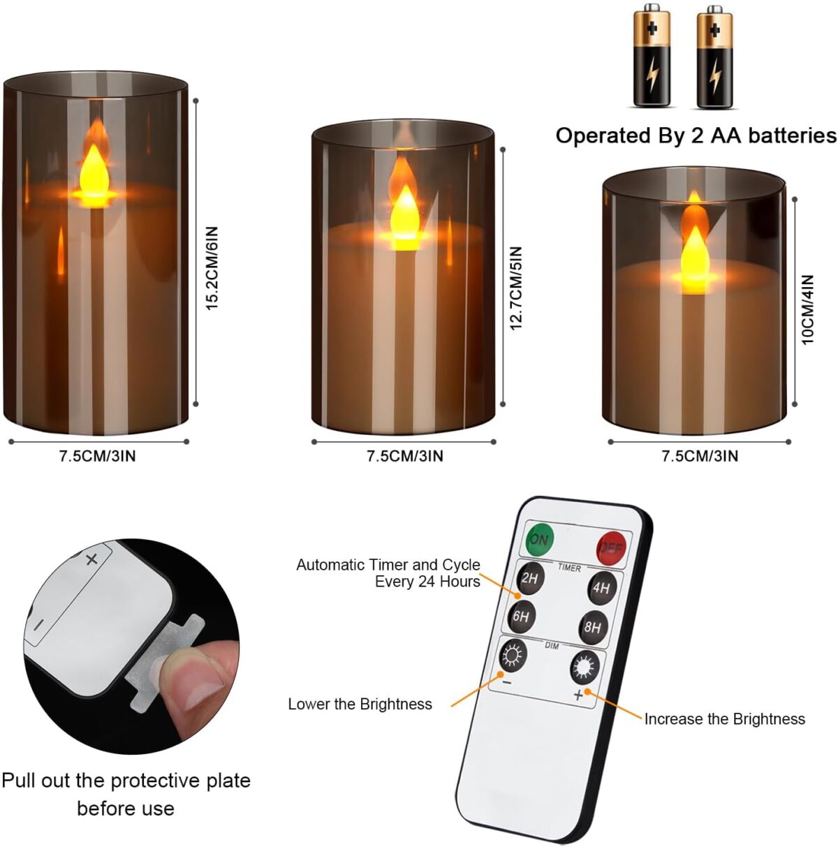 Flameless LED Candles with Remote Set of 3 Battery-Operated Acrylic Gray Pillars, 4", 5", 6" x 3" Diameter Flickering Effect with Timer Ideal for Home Décor Weddings Parties, Restaurants - Image 7