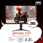 AOC C27G4ZH 27" Curved Frameless Ultra-Fast Gaming Monitor, FHD 1080p, 0.3ms 280Hz, HDMI/DP, Height Adjustable, 3-Year Zero Dead Pixel Guarantee, Black, Xbox PS5 Switch Compatible - Image 3