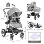 BABY JOY Baby Stroller, 2-in-1 Convertible Bassinet Reclining Stroller, Foldable Pram Carriage with 5-Point Harness, Including Cup Holder, Foot Cover, Diaper Bag, Aluminum Structure, Gray - Image 7