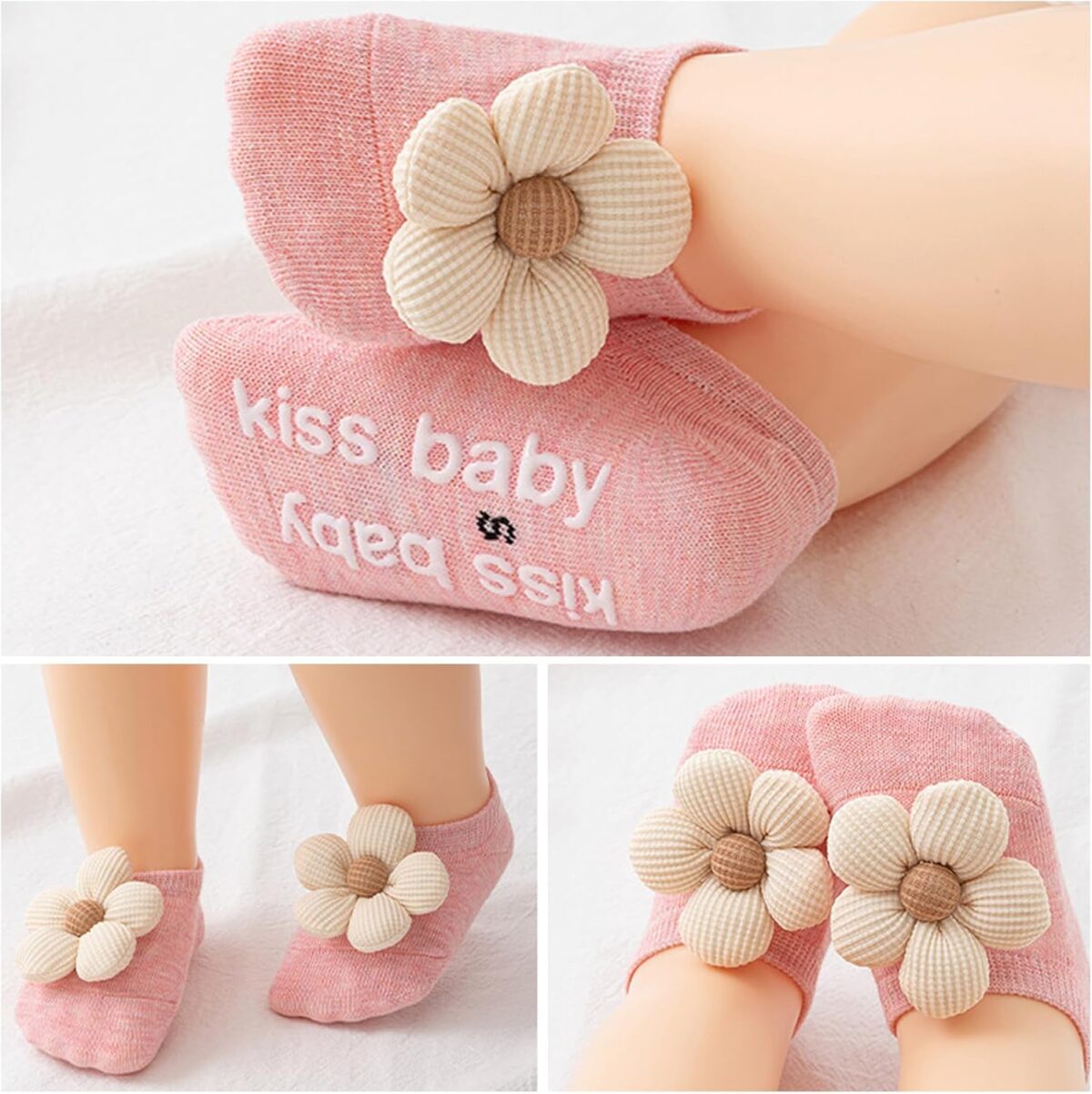 4Packs Baby Girls Socks,Flower Non-Slip Grips for Babies Toddler Princess Low Cut Ankle Socks for Girls - Image 4