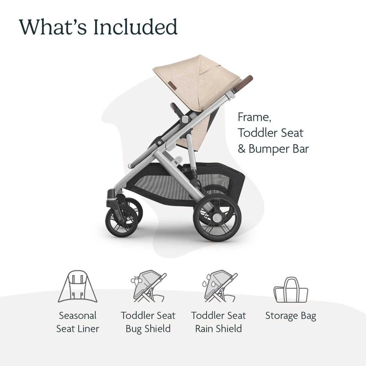 UPPAbaby Vista V3 Stroller - Full-Size Single-to-Double Stroller System - Toddler Seat, Bug Shield, Rain Shield, and Storage Bag Included - Declan (Oat Mélange/Silver Frame/Chestnut Leather) - Image 3