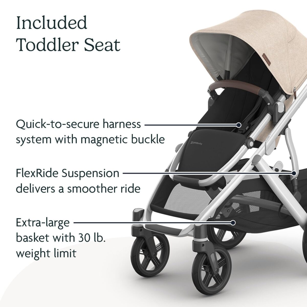 UPPAbaby Vista V3 Stroller - Full-Size Single-to-Double Stroller System - Toddler Seat, Bug Shield, Rain Shield, and Storage Bag Included - Declan (Oat Mélange/Silver Frame/Chestnut Leather) - Image 6