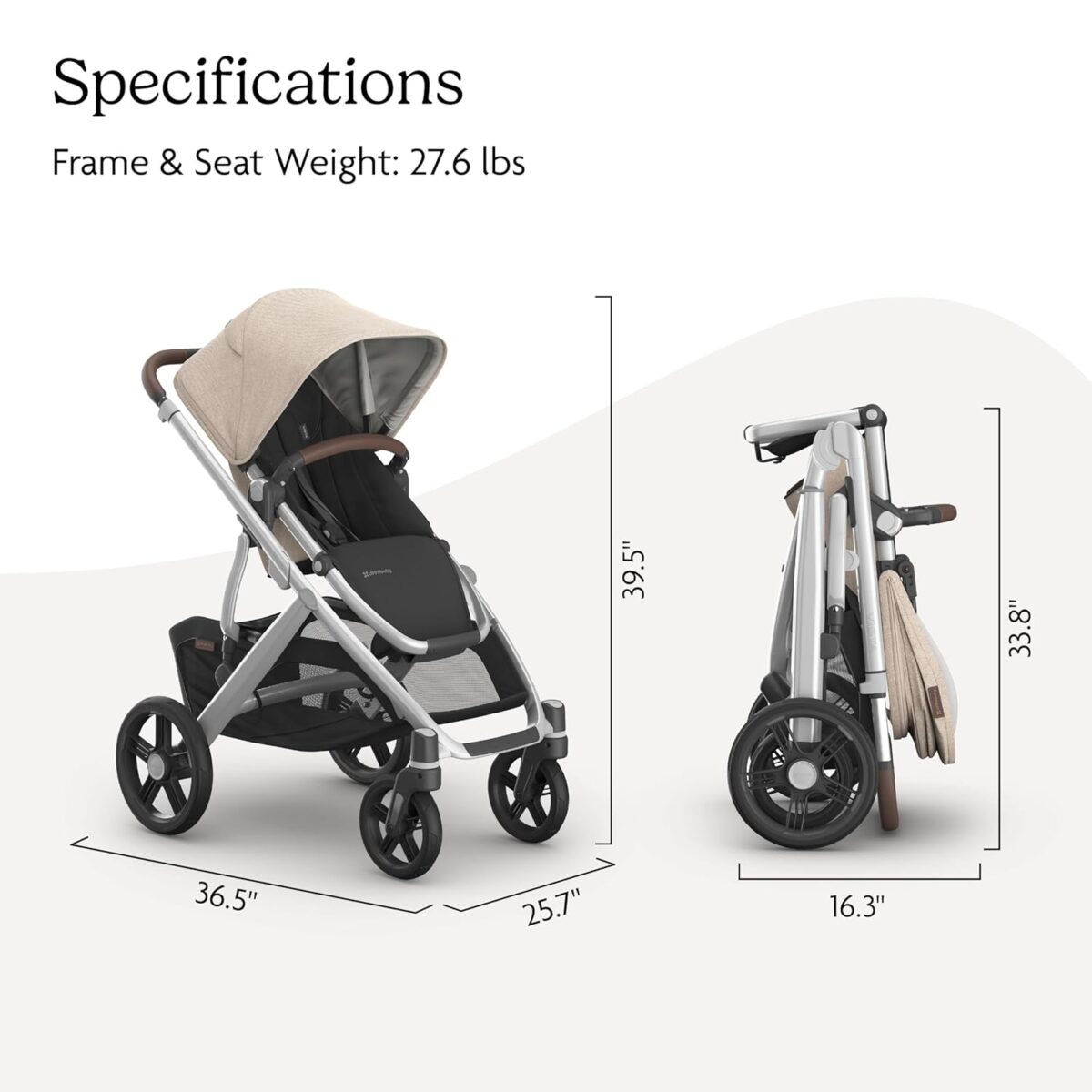 UPPAbaby Vista V3 Stroller - Full-Size Single-to-Double Stroller System - Toddler Seat, Bug Shield, Rain Shield, and Storage Bag Included - Declan (Oat Mélange/Silver Frame/Chestnut Leather) - Image 8