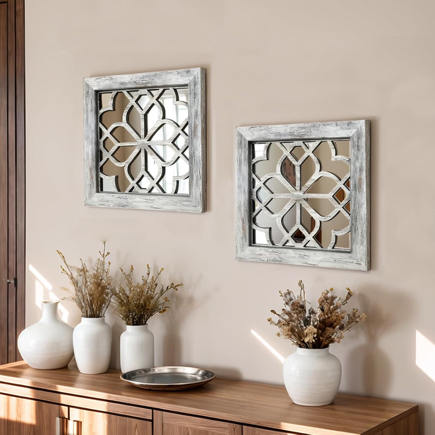 Boho Square Wall Mirrors Set of 2-12" x12'Decorative Mirrors for Wall Decor, BrownHandcrafted Mirror Panels Perfect for LivingRoom Bedroom Entryway Hallway (Grey) - Image 3