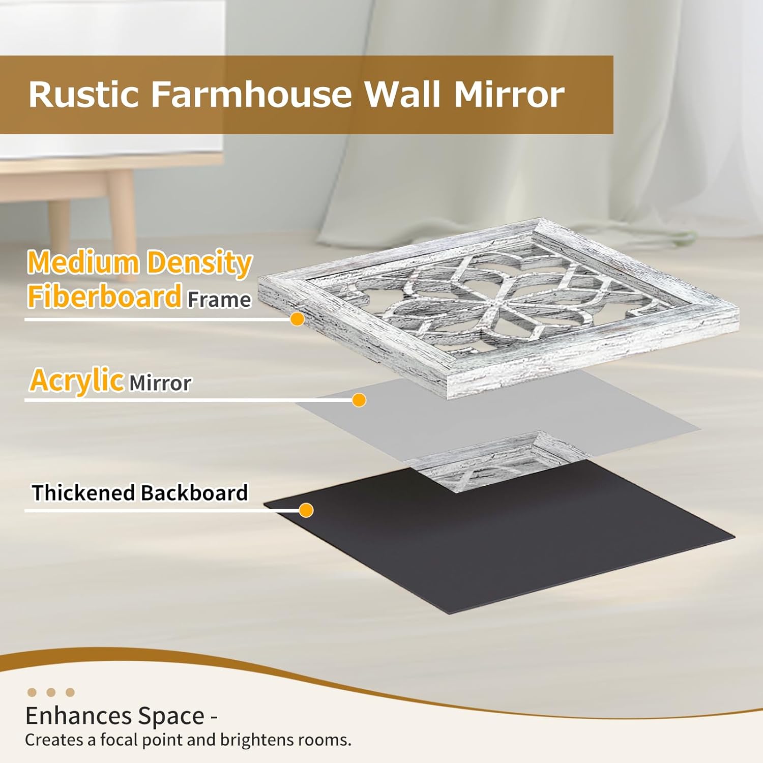 Boho Square Wall Mirrors Set of 2-12" x12'Decorative Mirrors for Wall Decor, BrownHandcrafted Mirror Panels Perfect for LivingRoom Bedroom Entryway Hallway (Grey) - Image 4