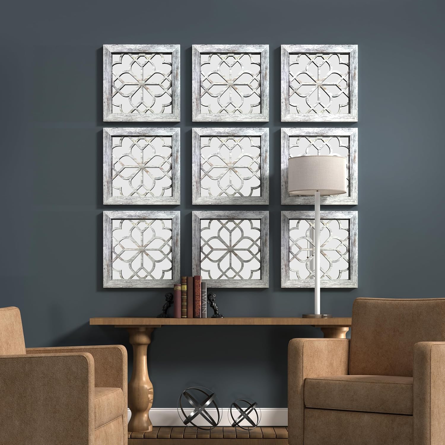 Boho Square Wall Mirrors Set of 2-12" x12'Decorative Mirrors for Wall Decor, BrownHandcrafted Mirror Panels Perfect for LivingRoom Bedroom Entryway Hallway (Grey) - Image 9