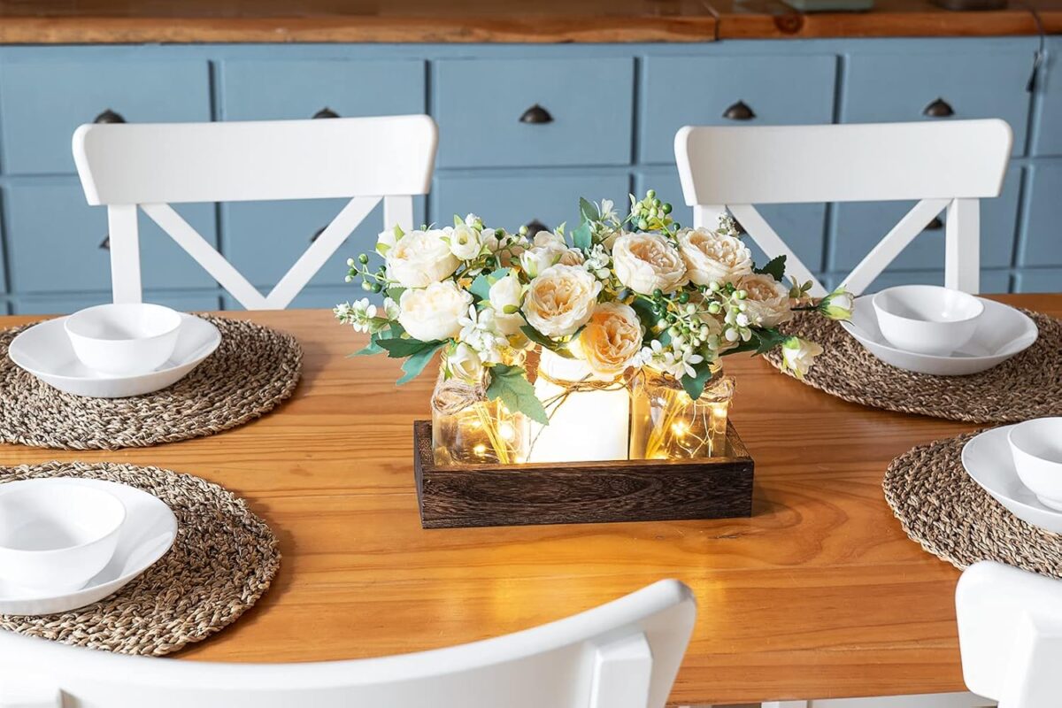 Mkono Mason Jar Lights Centerpiece Table Decor for Dining Room Farmhouse Wood Tray with 3 Jars Flowers Fall Decoration for Coffee Table Kitchen Living Room Wedding - Image 4