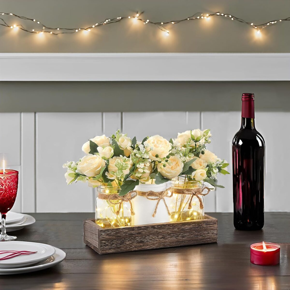 Mkono Mason Jar Lights Centerpiece Table Decor for Dining Room Farmhouse Wood Tray with 3 Jars Flowers Fall Decoration for Coffee Table Kitchen Living Room Wedding - Image 5