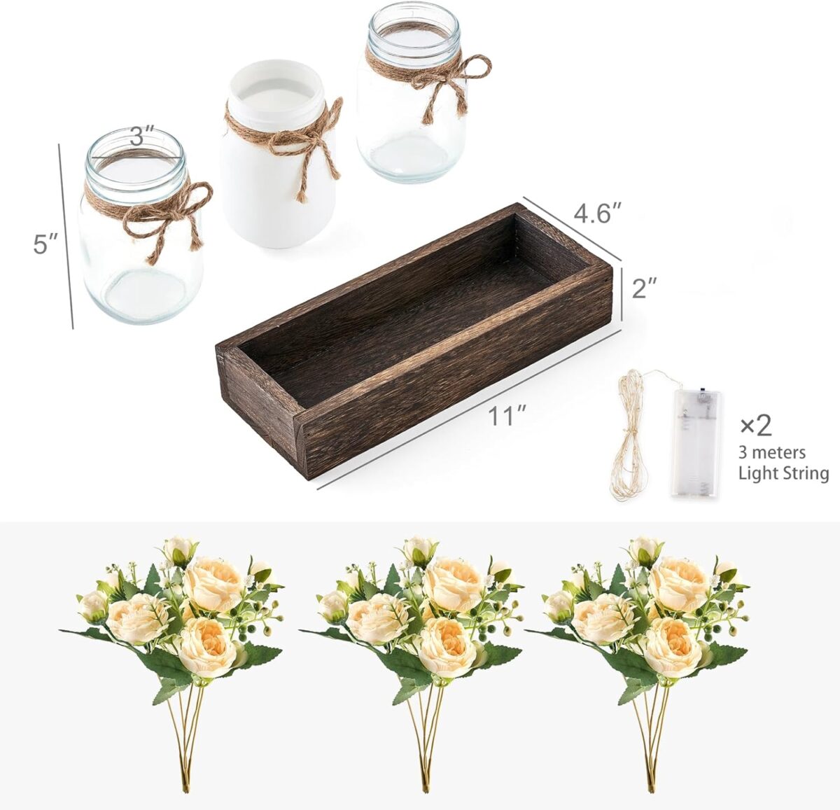 Mkono Mason Jar Lights Centerpiece Table Decor for Dining Room Farmhouse Wood Tray with 3 Jars Flowers Fall Decoration for Coffee Table Kitchen Living Room Wedding - Image 6
