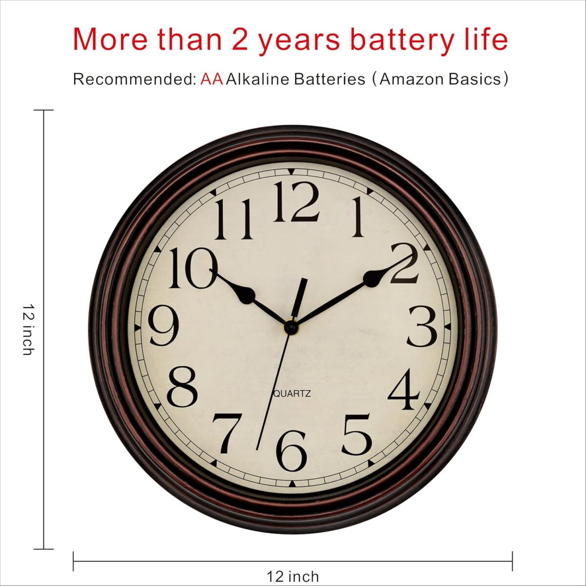 Foxtop Retro Silent Non-Ticking Round Classic Clock Quartz Decorative Battery Operated Wall Clock for Living Room Kitchen Home Office 12 Inch (Bronze) - Image 3