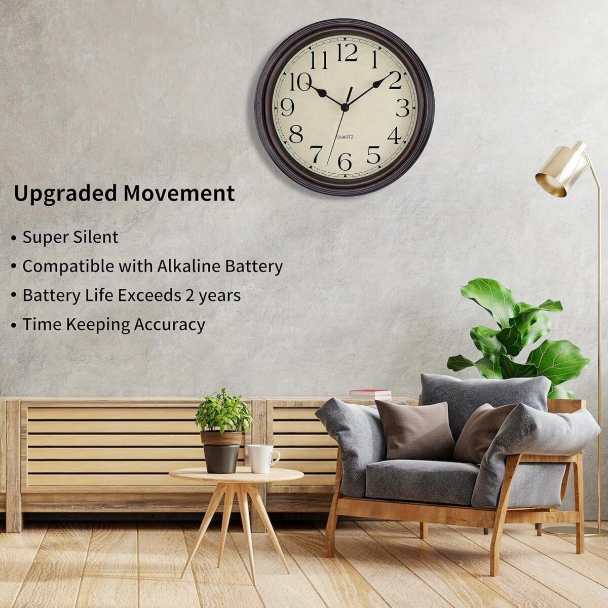 Foxtop Retro Silent Non-Ticking Round Classic Clock Quartz Decorative Battery Operated Wall Clock for Living Room Kitchen Home Office 12 Inch (Bronze) - Image 4