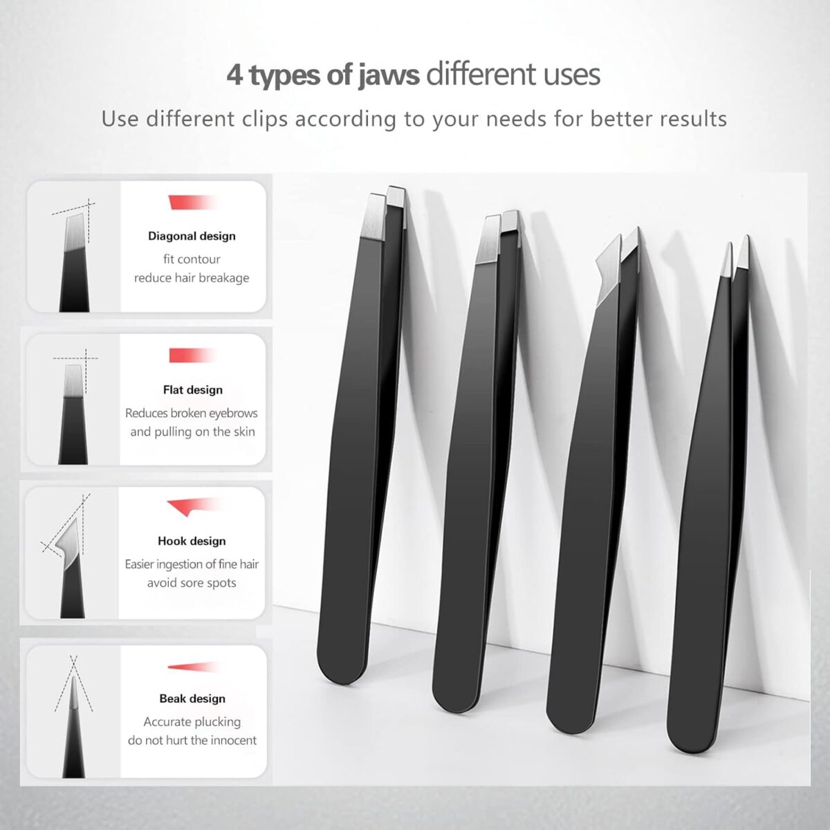 Tweezers Set, High Precision Stainless Steel Eyebrow Tweezers for Facial Hair, Inward Growing Hair and Splinter Remover Kit, Suitable for Women and Men, 4-Piece Set. (Black) - Image 7