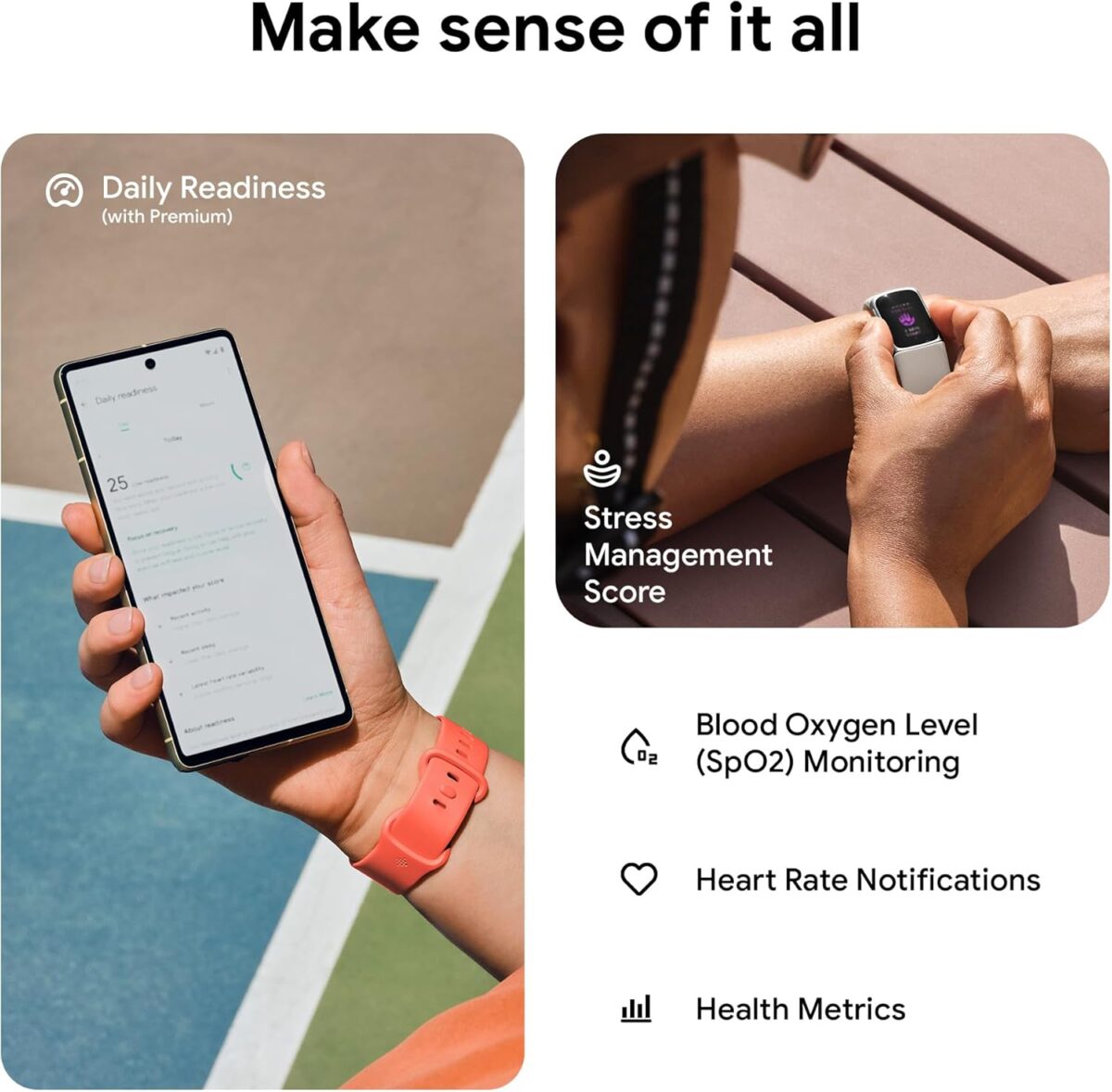 Fitbit Charge 6 Fitness Tracker with Google apps, Heart Rate on Exercise Equipment, 6-Months Premium Membership Included, GPS, Health Tools and More, Gold/Coral, One Size (S & L Bands Included) - Image 6