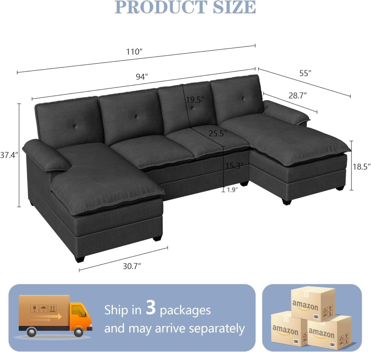 U Shaped Sectional Couch for Living Room,110" 4-Seater Comfy Couch with Double Chaise,Deep Seat Modular Sofa Couches with Thick Cushion & Soft Backrest,Black - Image 3