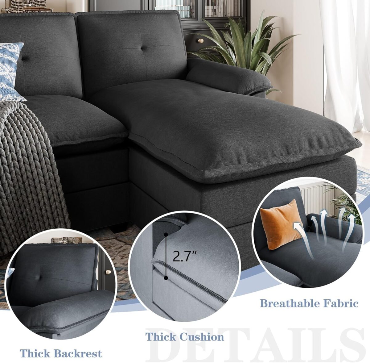 U Shaped Sectional Couch for Living Room,110" 4-Seater Comfy Couch with Double Chaise,Deep Seat Modular Sofa Couches with Thick Cushion & Soft Backrest,Black - Image 4