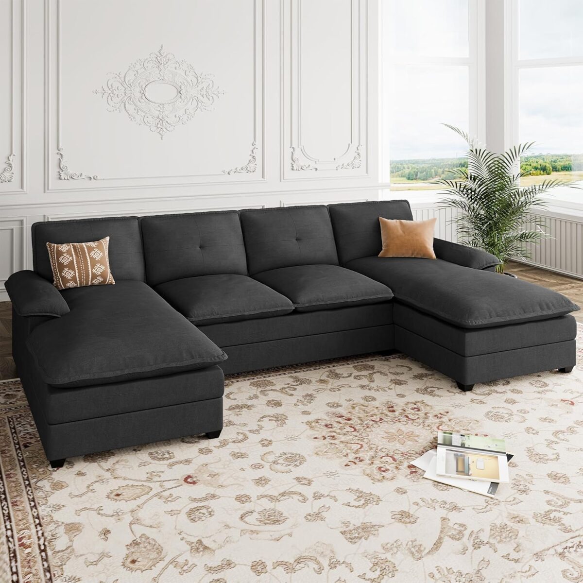 U Shaped Sectional Couch for Living Room,110" 4-Seater Comfy Couch with Double Chaise,Deep Seat Modular Sofa Couches with Thick Cushion & Soft Backrest,Black - Image 7
