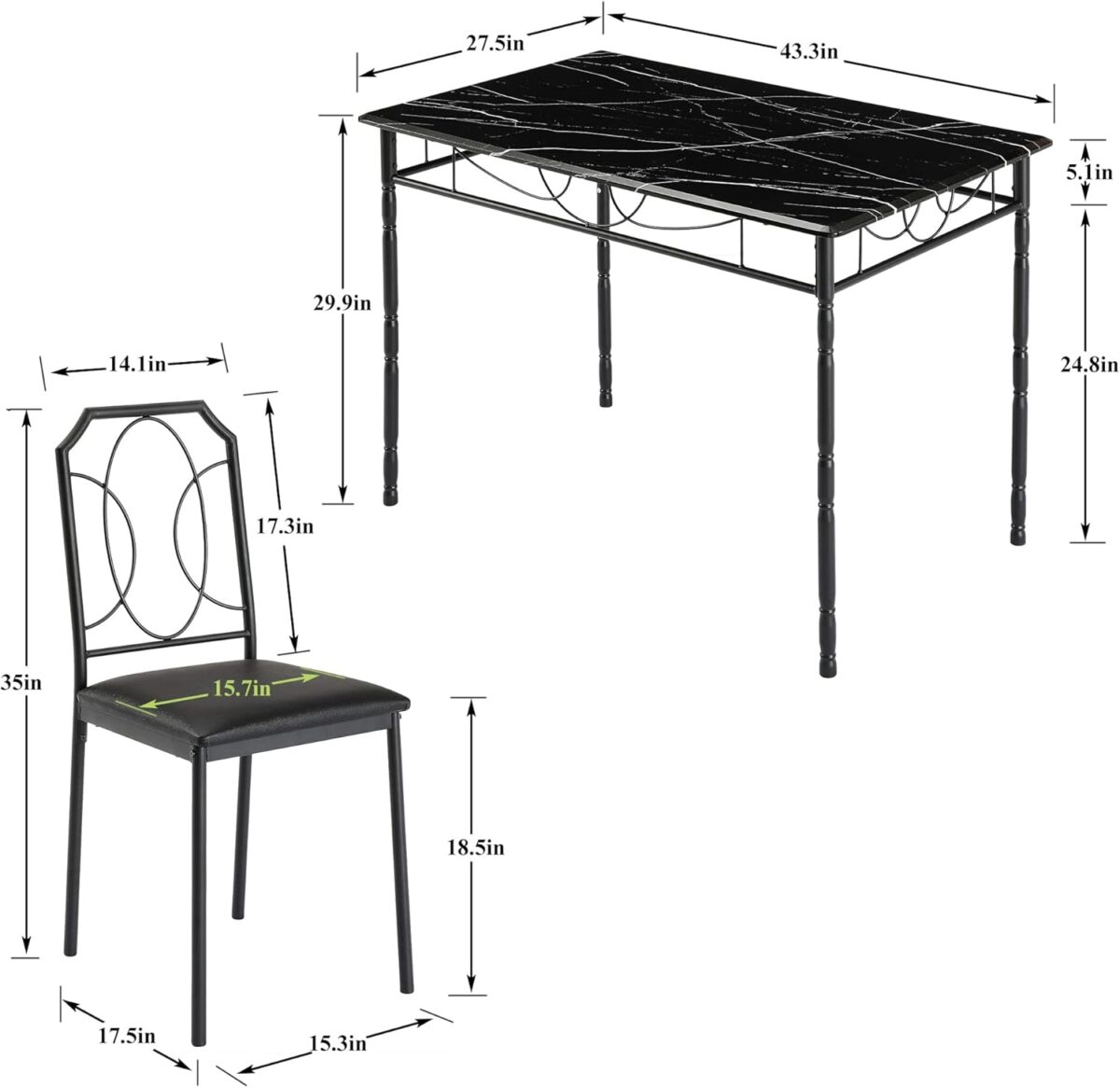 VECELO 5 Piece Dining Table Set for 4, Dinette with Chairs for Kitchen, Breakfast Nook, Small Space,Easy Assembly - Image 3