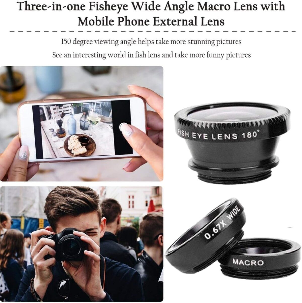 3 in 1 Cell Phone Camera Lens Kit Wide Angle Macro Fisheye Lens Universal for Smart Phones iPhone Samsung Android Black - Image 4