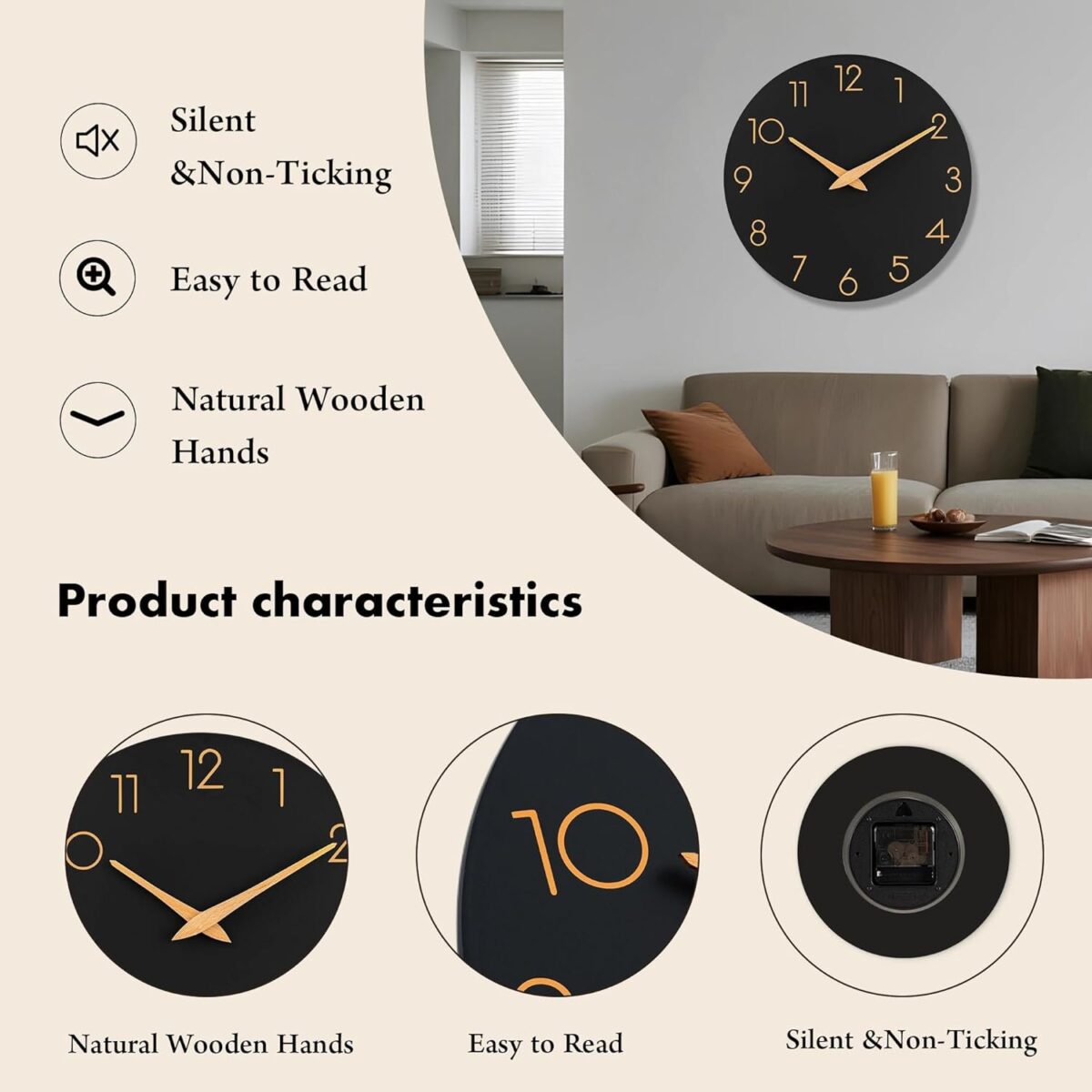 AKCISOT Wall Clock Modern Wall Clocks Battery Operated, Silent Non Ticking Clock Decorative for Kitchen, Bathroom, Bedroom (Black Gold) - Image 4
