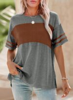 Angerella Womens Color Block Tops 2025 Summer Striped Short Sleeve T-Shirt Casual Crewneck Tunic Blouses Loose Fitted - Image 6