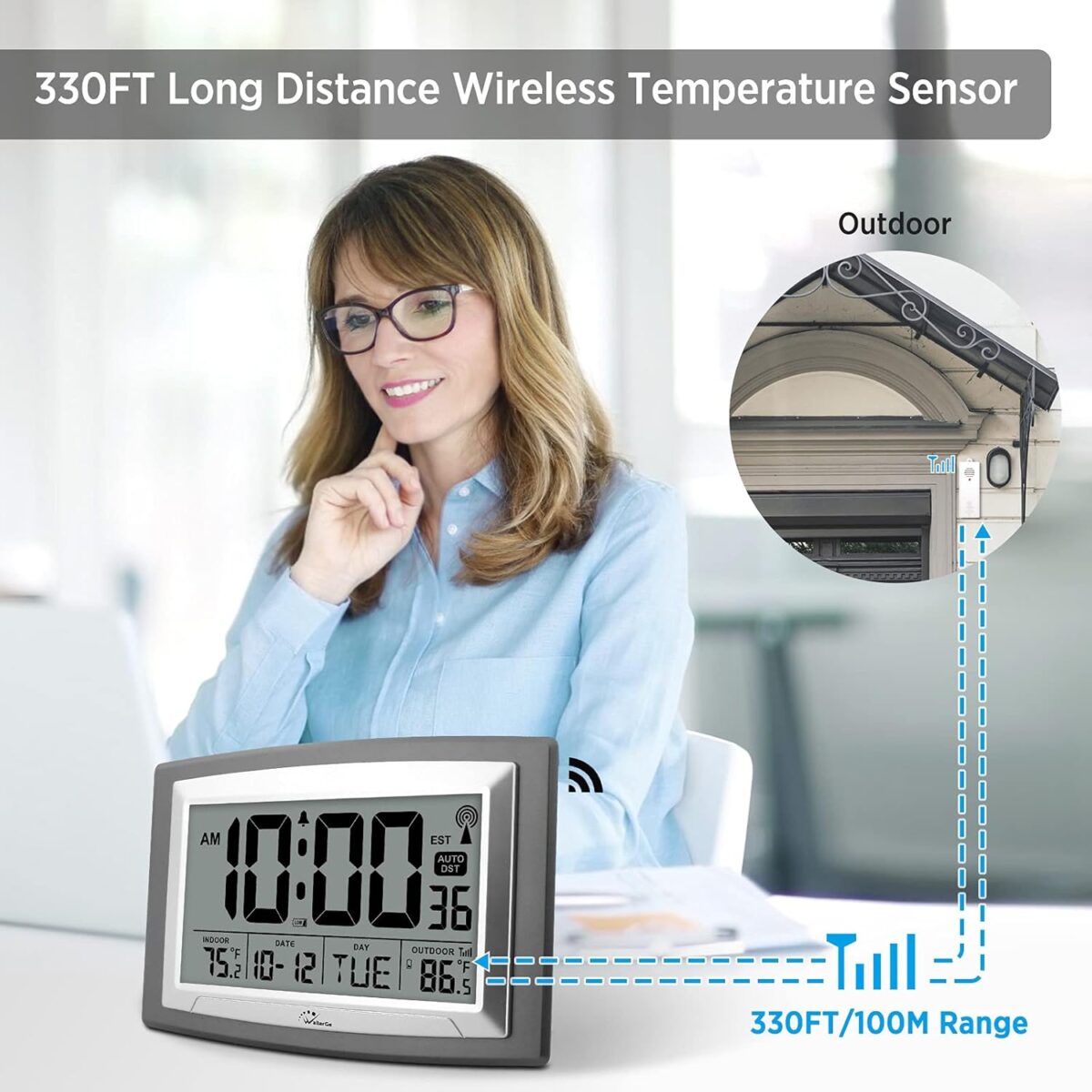 WallarGe Atomic Clock with Outdoor and Indoor Temperature - 12.5 Inch Self-Setting Digital Clock Large Display, Battery Operated Wall Clocks or Desk Clocks for Bedroom, Livingroom, Office - Image 6