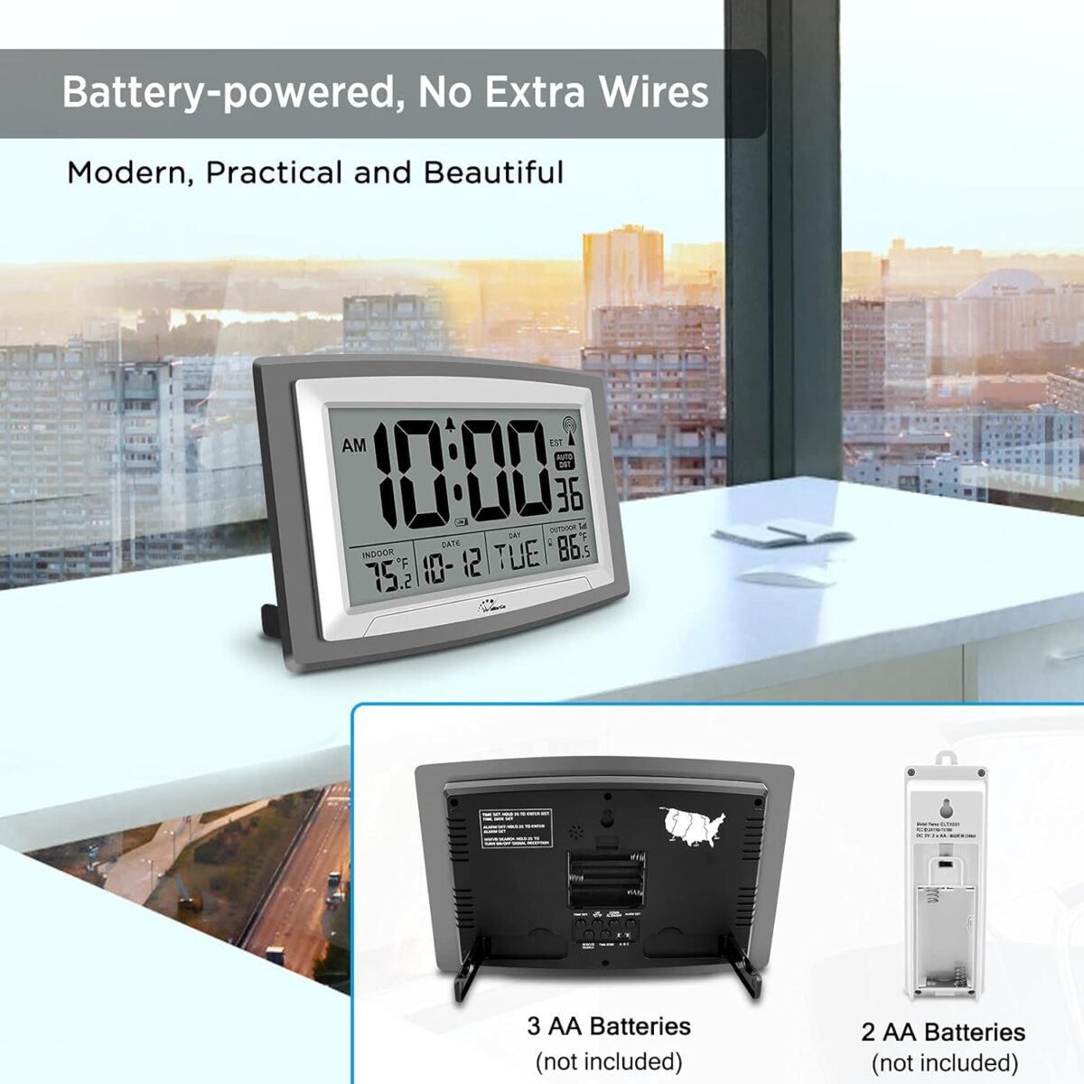 WallarGe Atomic Clock with Outdoor and Indoor Temperature - 12.5 Inch Self-Setting Digital Clock Large Display, Battery Operated Wall Clocks or Desk Clocks for Bedroom, Livingroom, Office - Image 7