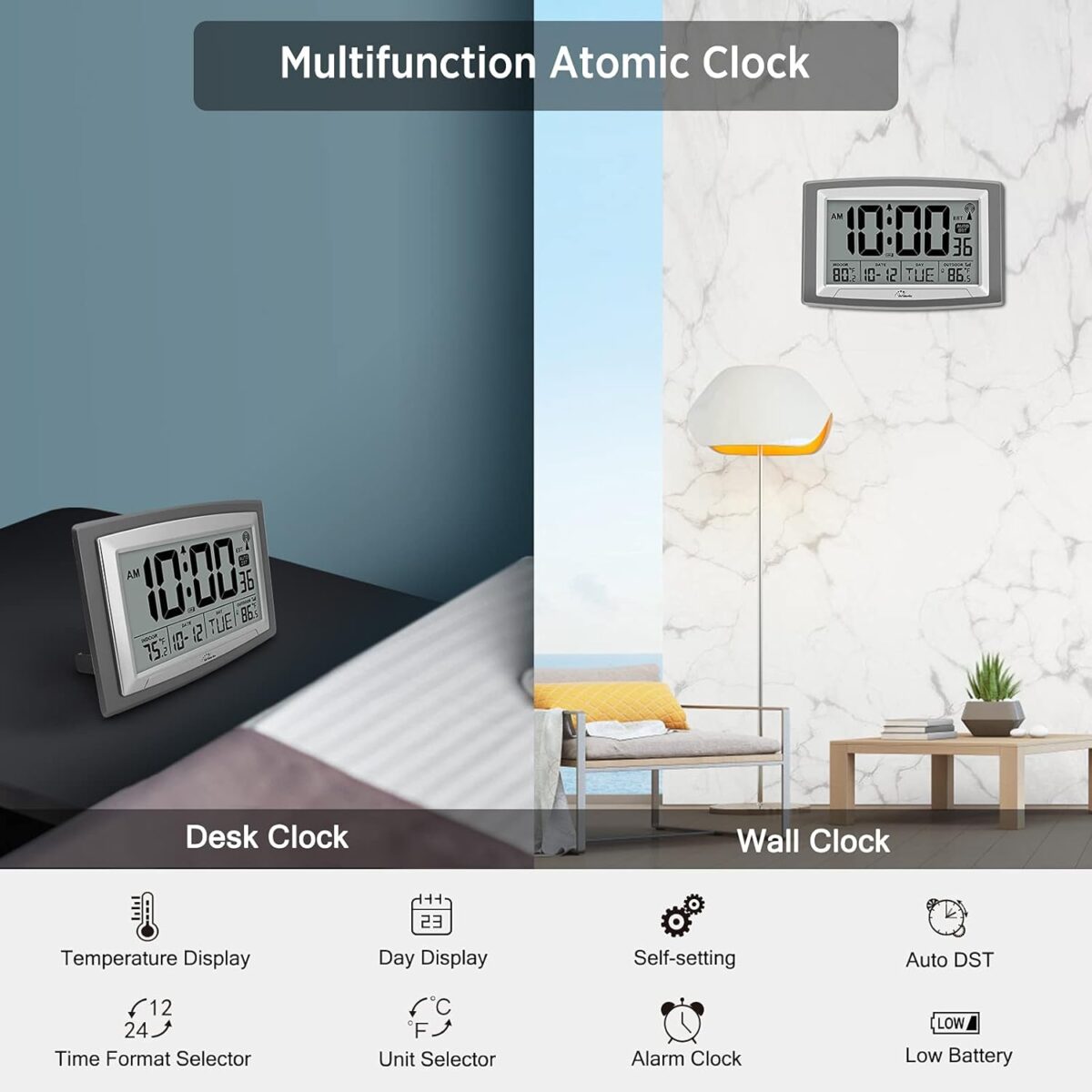 WallarGe Atomic Clock with Outdoor and Indoor Temperature - 12.5 Inch Self-Setting Digital Clock Large Display, Battery Operated Wall Clocks or Desk Clocks for Bedroom, Livingroom, Office - Image 8