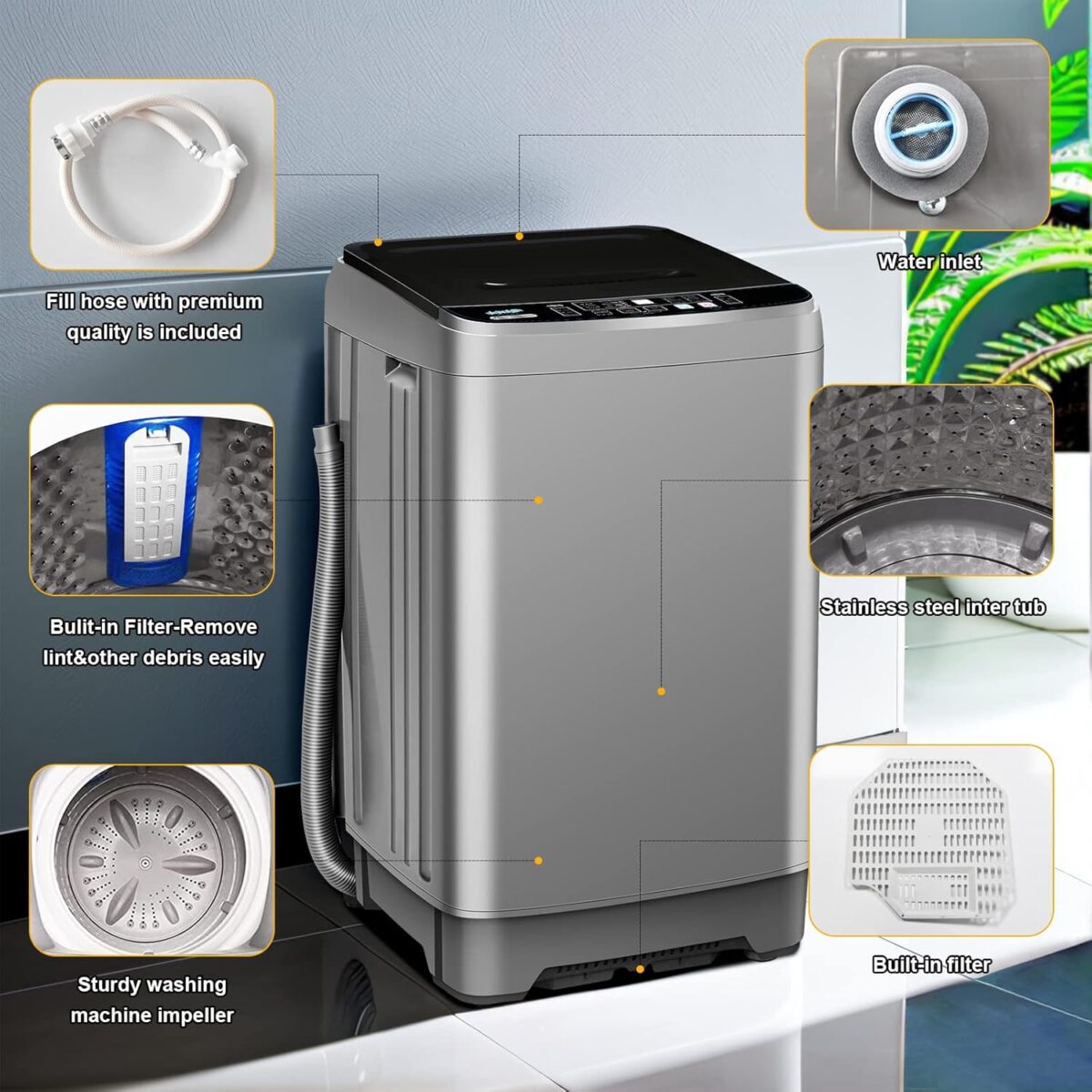 Portable Washing Machine 2.3 Cu. Ft. Full-Automatic Compact Washer Machine for Apartment, 10 Wash Program Small Portable Washer for Dorm, Apartment, RV, Home, Silver - Image 4