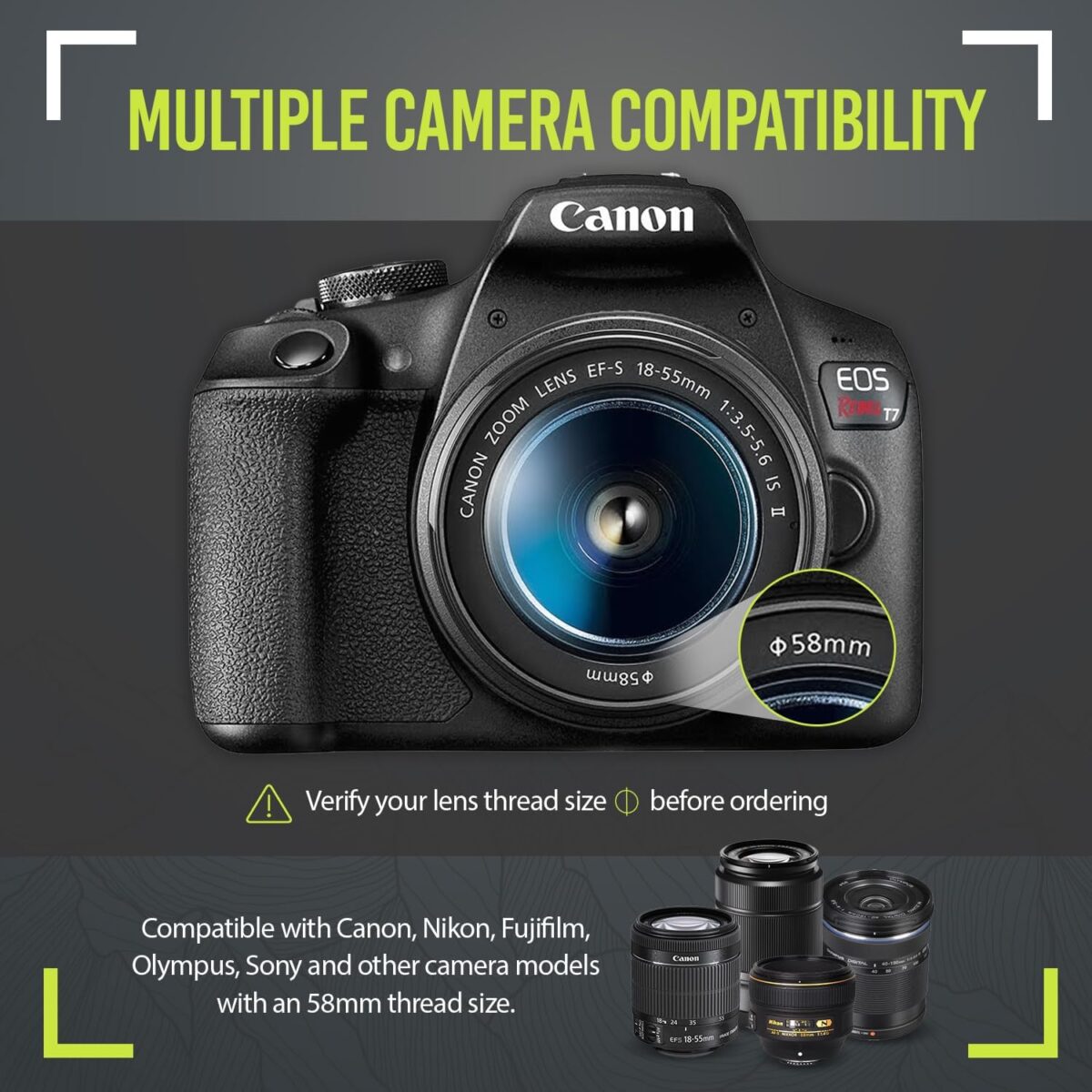 Ultra Deluxe Lens Kit for Canon Rebel T3, T5, T5i, T6, T6i, T7, T7i, EOS 80D, EOS 77D Cameras with Canon EF-S 18-55mm is II Lens - Includes: 7pc 58mm Filter Set + 58mm Wide Angle and Telephoto Lens - Image 9