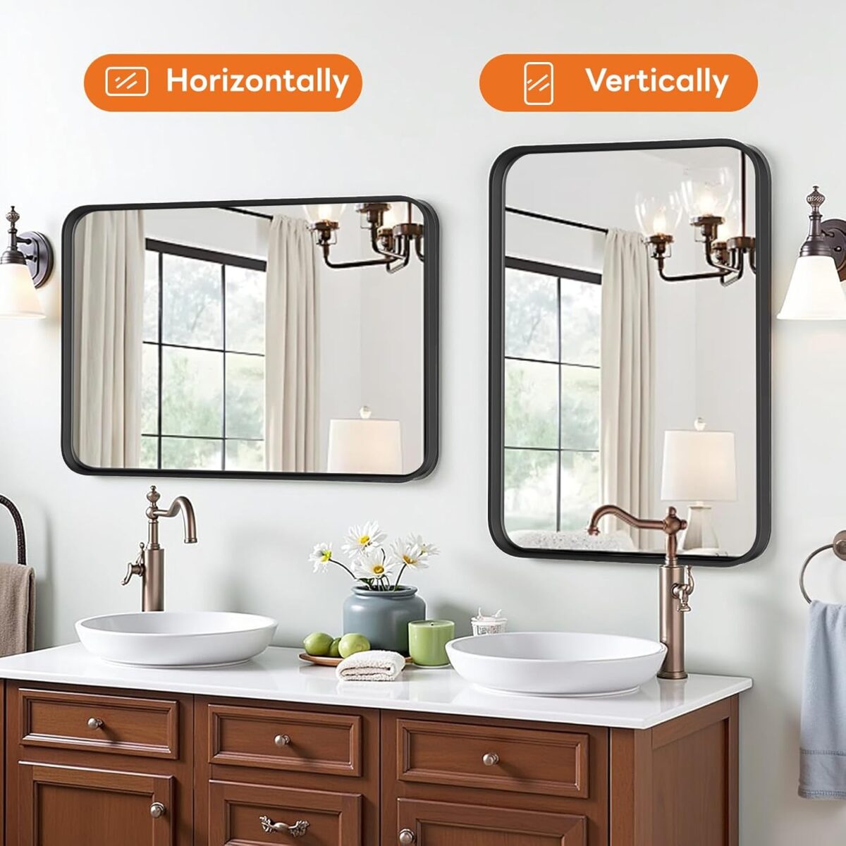 Bathroom Mirror 30x22 Inch Black Metal Framed Rounded Rectangle Vanity Mirror for Wall, Over Sink, Farmhouse, Restroom, Anti-Rust, Modern Decorative, Horizontal or Vertical Hanging - Image 4