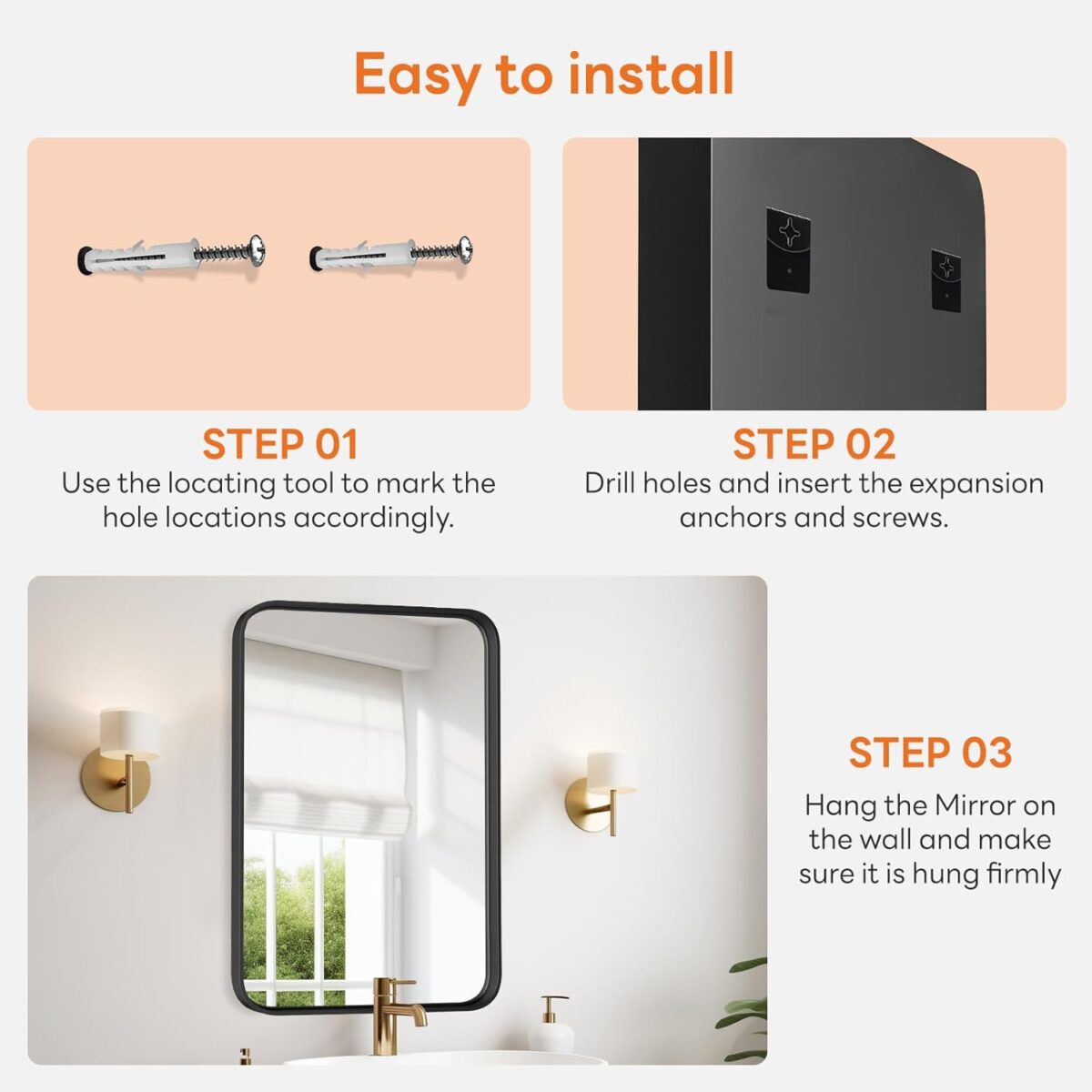 Bathroom Mirror 30x22 Inch Black Metal Framed Rounded Rectangle Vanity Mirror for Wall, Over Sink, Farmhouse, Restroom, Anti-Rust, Modern Decorative, Horizontal or Vertical Hanging - Image 7