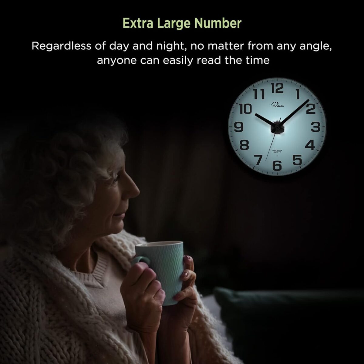 WallarGe Night Light Wall Clock for Bedroom - Silent Lighted up Wall Clock Glow in The Dark, Battery Operated for Living Room/Kitchen, Easy to Read Large Digital Display, 12 Inch - Image 8