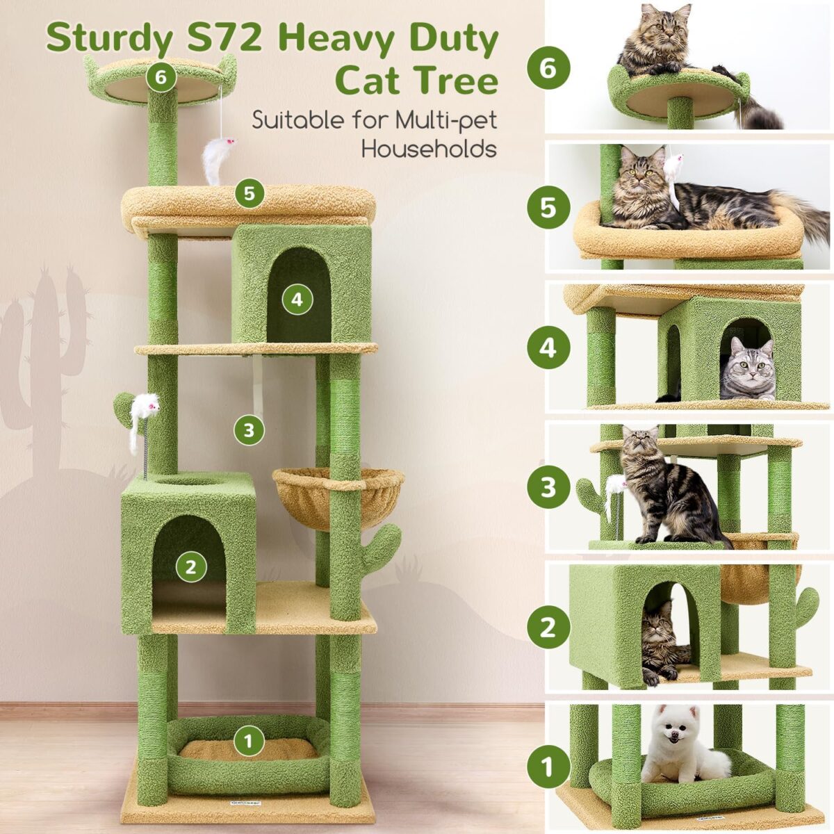 Globlazer S72 Heavy Duty Cactus Cat Tree for Large Cats, Sturdy 72in Maine Coon Cat Tree with 6 Scratching Posts, Hammock - Image 3
