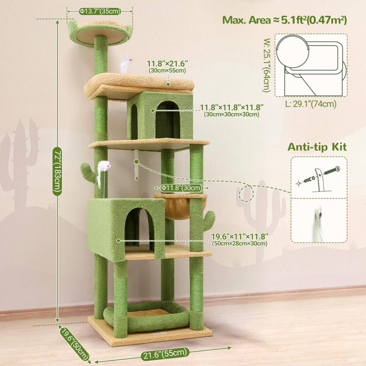 Globlazer S72 Heavy Duty Cactus Cat Tree for Large Cats, Sturdy 72in Maine Coon Cat Tree with 6 Scratching Posts, Hammock - Image 7