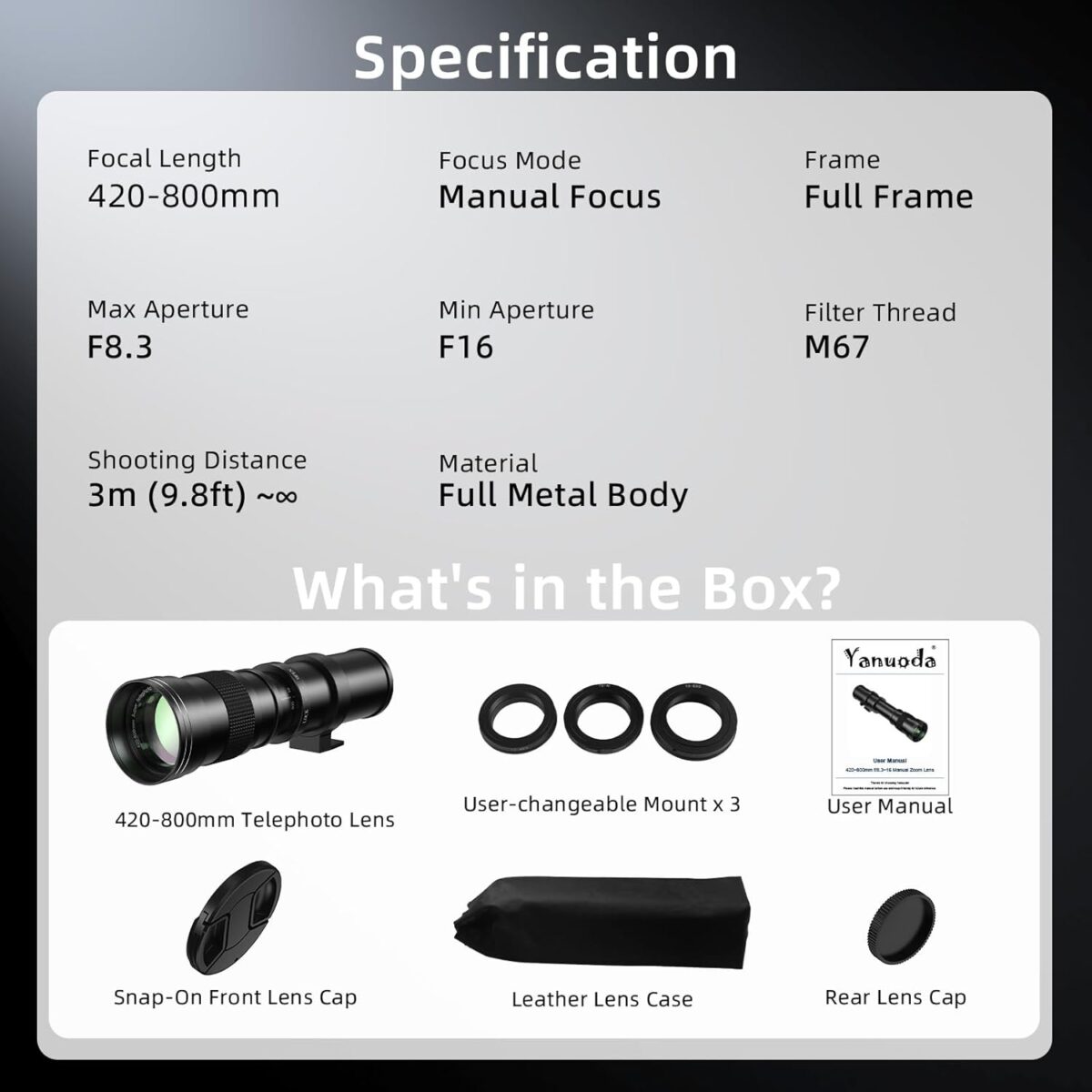 420-800mm F/8.3 Full Frame Telephoto Zoom Lens, Manual Focus for Canon EF/EF-S, Nikon F, Sony E Mount Cameras, Perfect Starter Lens for Moon, Bird, Wildlife & Nature Photography - Image 8