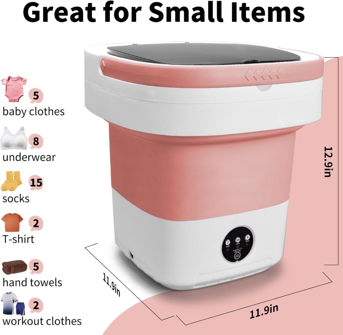 Portable Washing Machine, Mini 16L Foldable Washer and Dryer with 3 Modes Deep Cleaning, Upgraded Small Collapsible Laundry for Hotel, Apartment, Home and Travel - Pink - Image 3