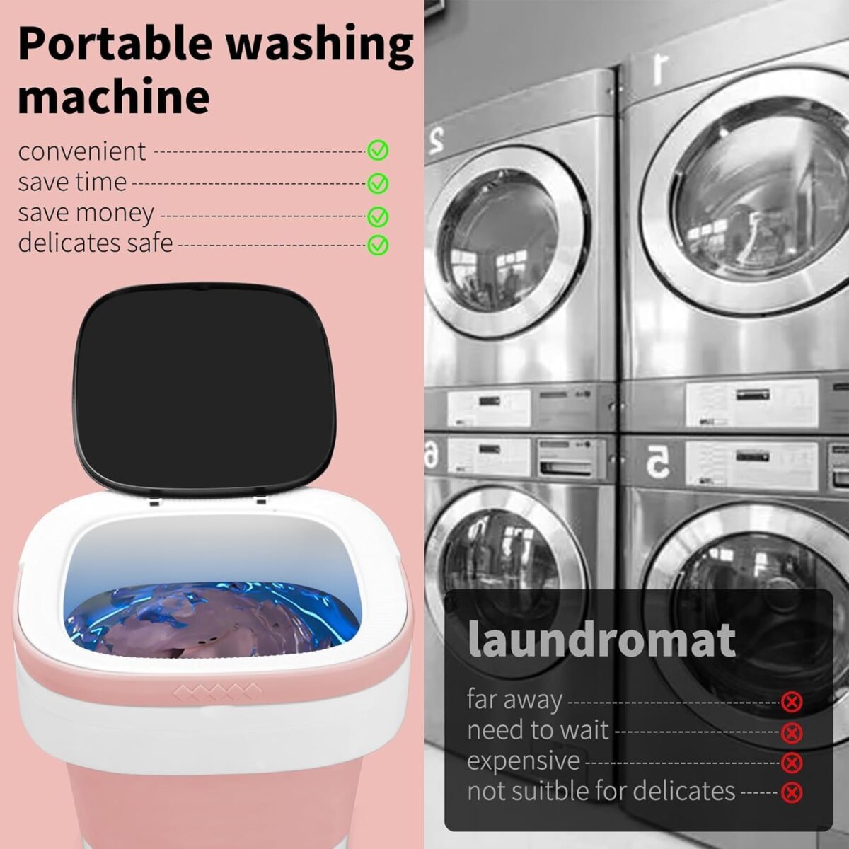 Portable Washing Machine, Mini 16L Foldable Washer and Dryer with 3 Modes Deep Cleaning, Upgraded Small Collapsible Laundry for Hotel, Apartment, Home and Travel - Pink - Image 5