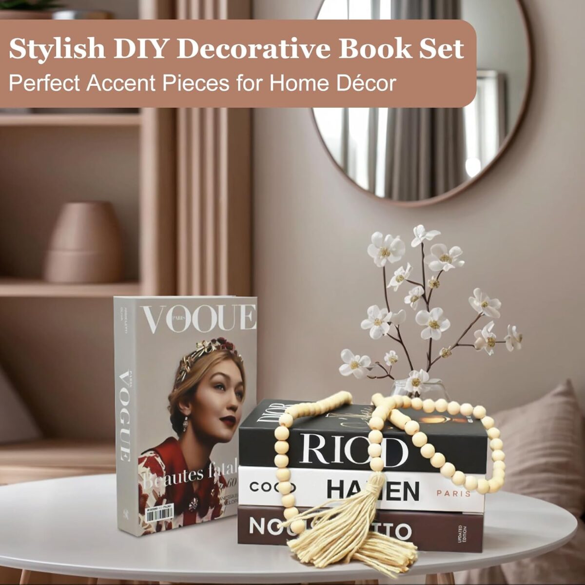 Decorative Books for Home Decor, Set of 4 Fake Books with Wood Bead Tassel, Aesthetic Bookshelf Decor for Living Room, Office, Bedroom, Coffee Table Decoration, Modern Stacked Display - Image 6