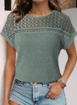 Dokotoo Women's Tops Casual Scoop Neck Short Sleeve Waffle Knit Hollow Out Shirts Loose Tunic Tops Blouses - Image 4