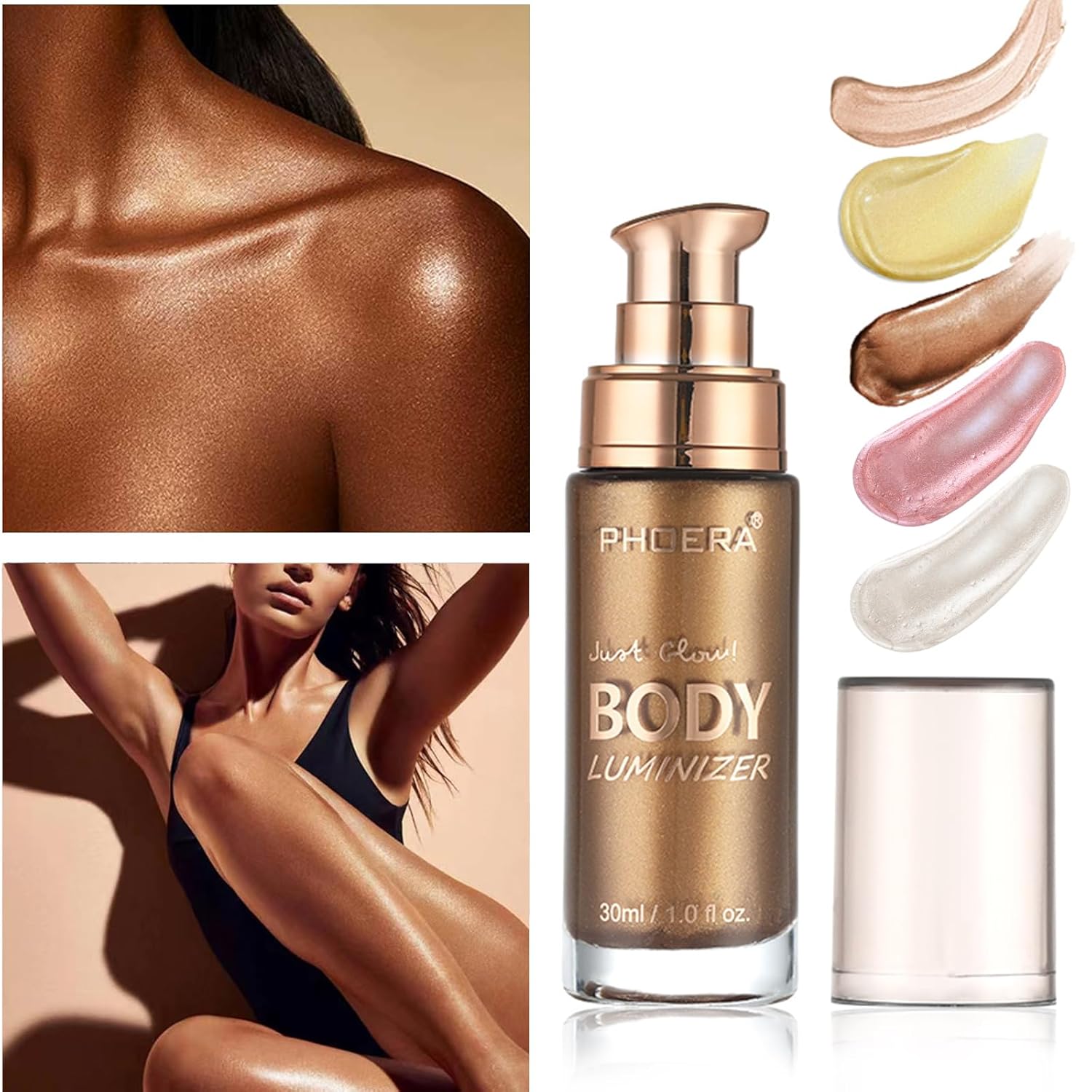 Body Shimmer Oil, Glistening Bronze Natural Glow Luminizer, Long Lasting Waterproof Moisturizing Liquid Illuminator Highlighter Makeup for a Sun-Kissed Glow, Brush Include, 1oz, Medium - Image 3