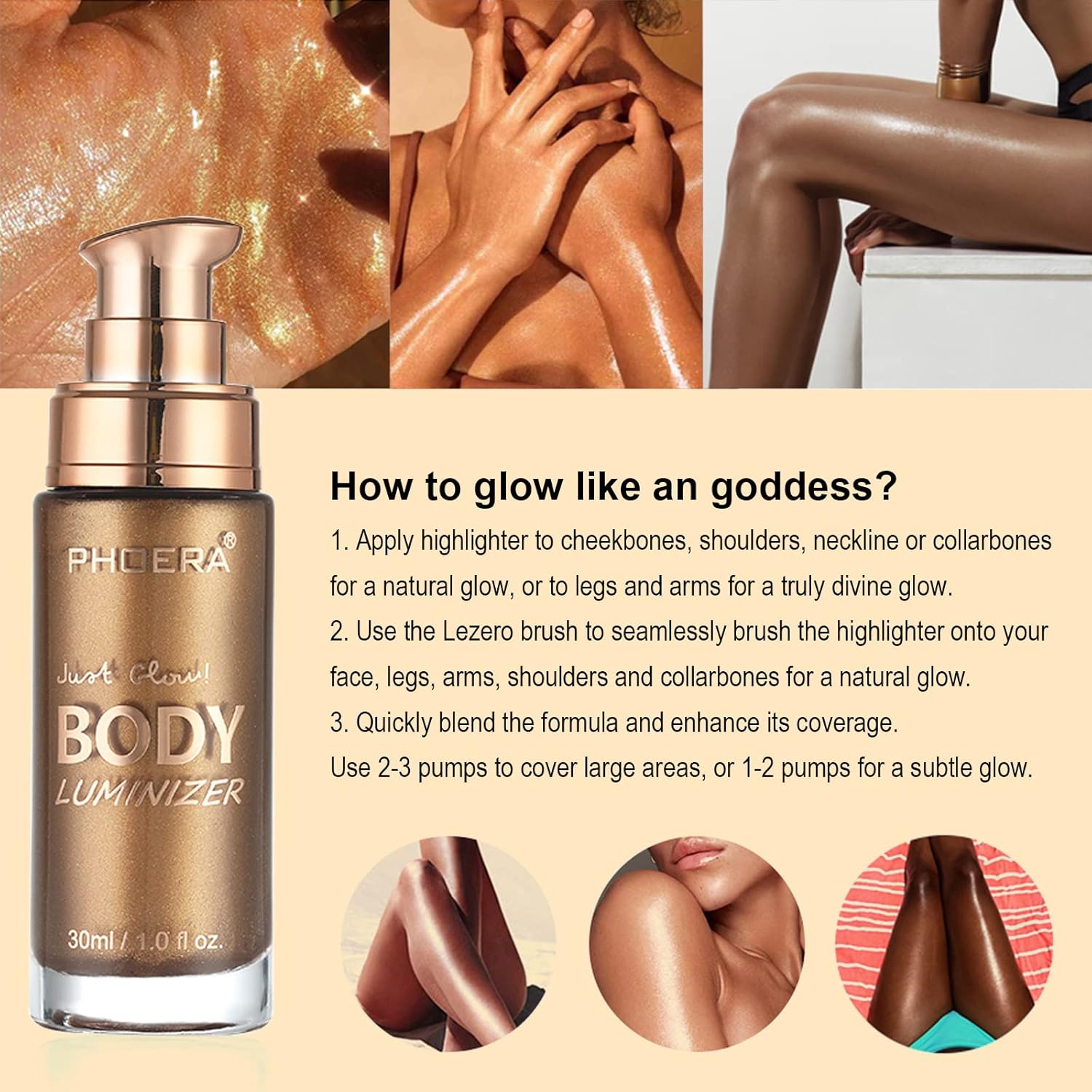 Body Shimmer Oil, Glistening Bronze Natural Glow Luminizer, Long Lasting Waterproof Moisturizing Liquid Illuminator Highlighter Makeup for a Sun-Kissed Glow, Brush Include, 1oz, Medium - Image 5