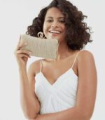 Womens Golden Glitter Clutch Purse Pleated Evening Bag for Bridal Wedding Party with Rhinestone Ring - Image 5